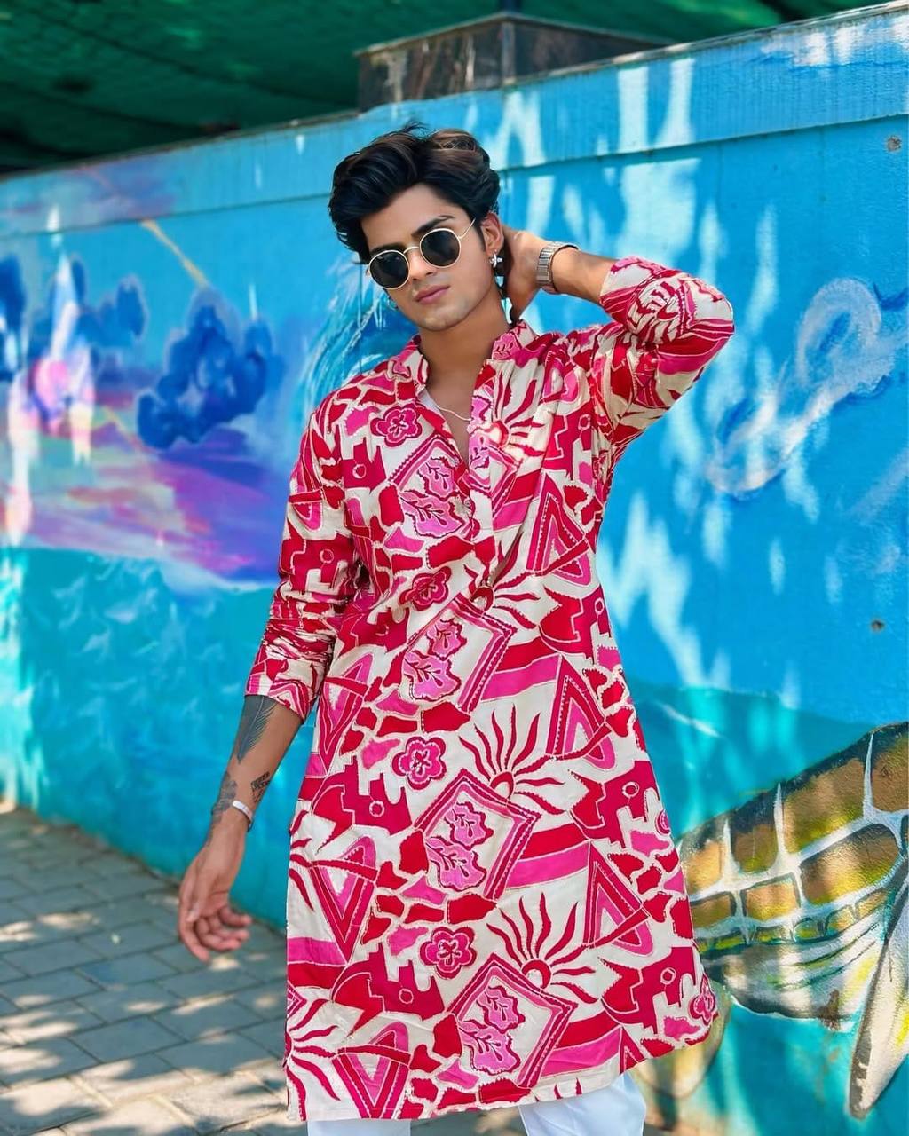 RED AND WHITE PRINTED KURTA PAJAMA SET