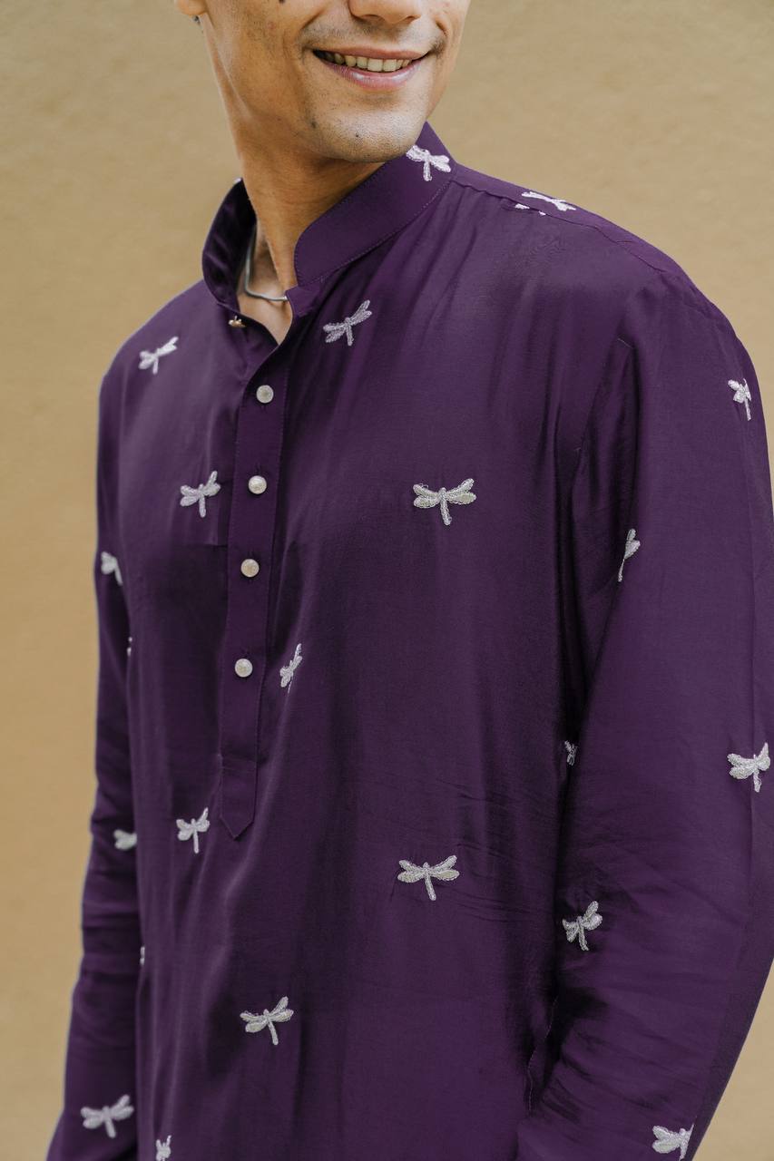 PURPLE DRAGON FLY EMBROIDEREY WORK  KURTA WITH PAJAMA SET FOR MEN