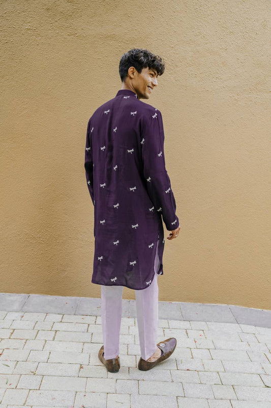 PURPLE DRAGON FLY EMBROIDEREY WORK  KURTA WITH PAJAMA SET FOR MEN