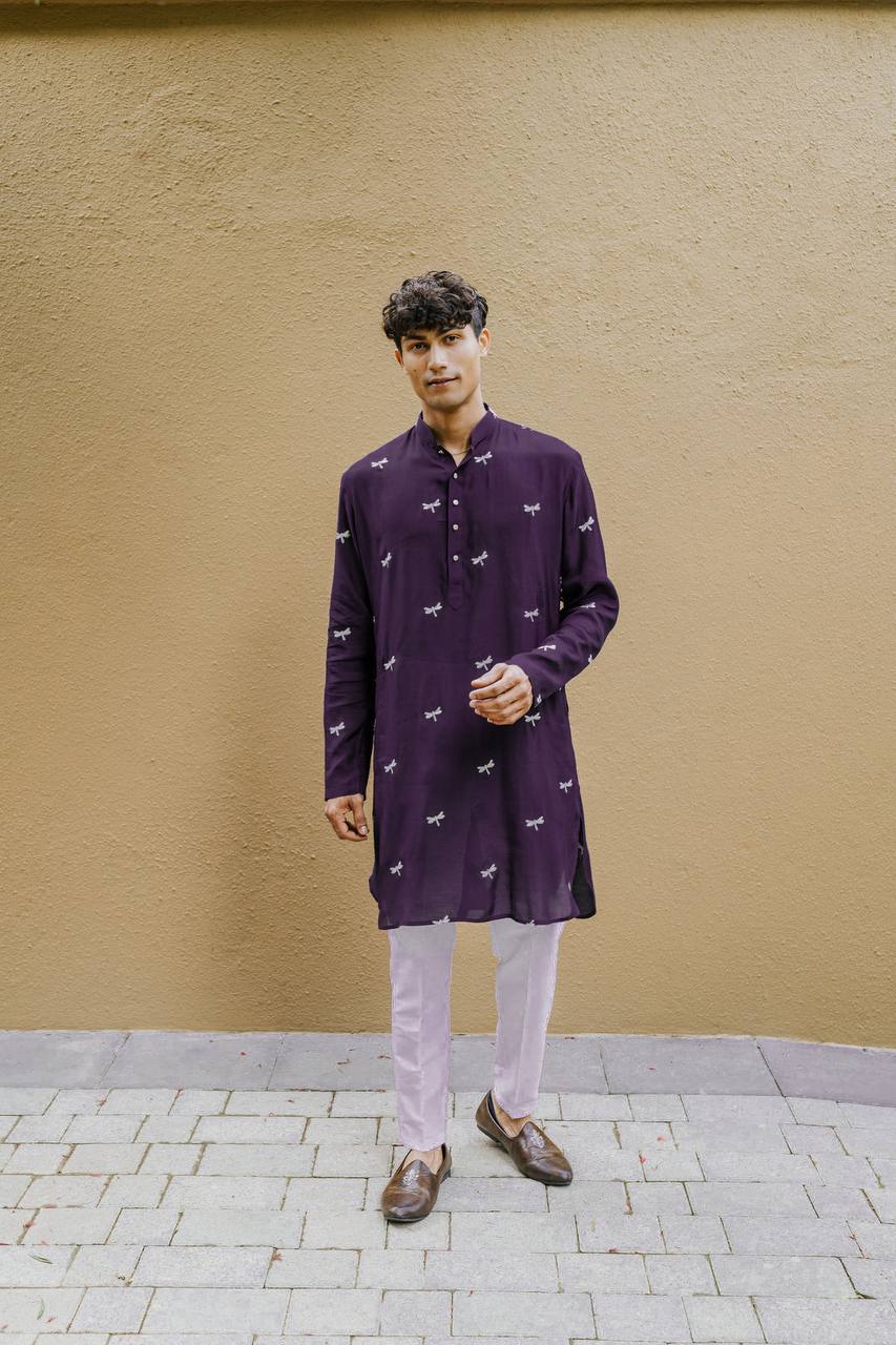 PURPLE DRAGON FLY EMBROIDEREY WORK  KURTA WITH PAJAMA SET FOR MEN