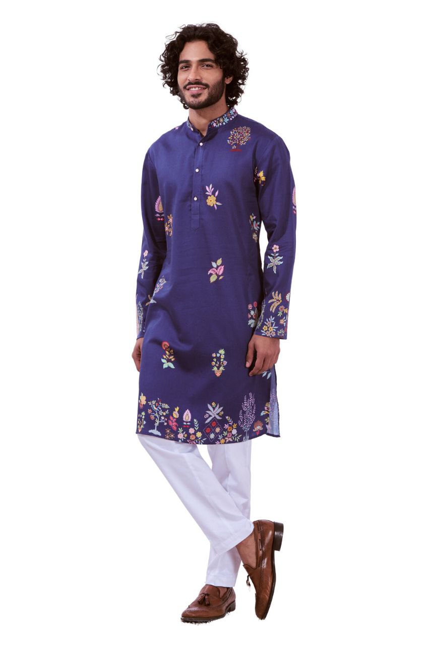 NAVY MULTI NIZAM KALAMKARI PRINTED KURTA WITH PAJAMA SET FOR MEN