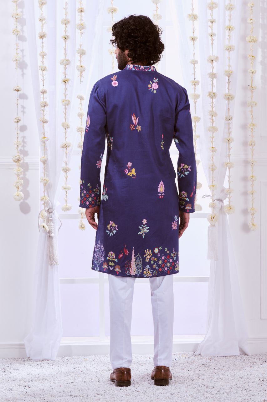 NAVY MULTI NIZAM KALAMKARI PRINTED KURTA WITH PAJAMA SET FOR MEN
