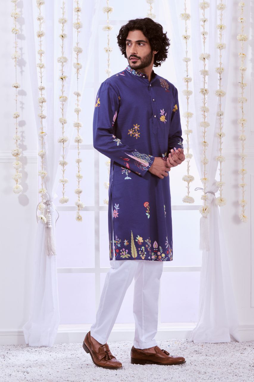 NAVY MULTI NIZAM KALAMKARI PRINTED KURTA WITH PAJAMA SET FOR MEN