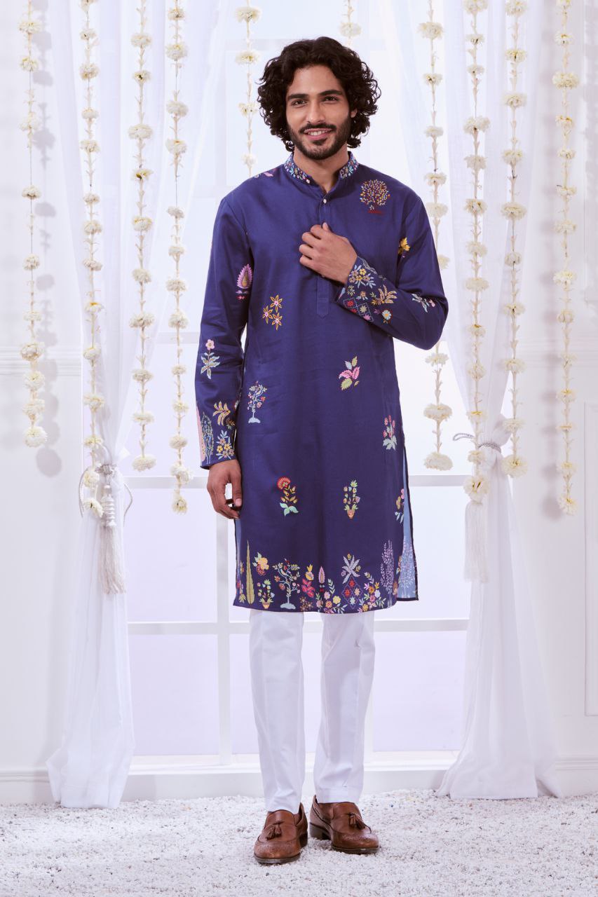 NAVY MULTI NIZAM KALAMKARI PRINTED KURTA WITH PAJAMA SET FOR MEN