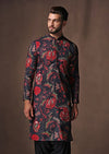 BLACK FLORAL PRINTED KURTA WITH PAJAMA SET FOR MEN