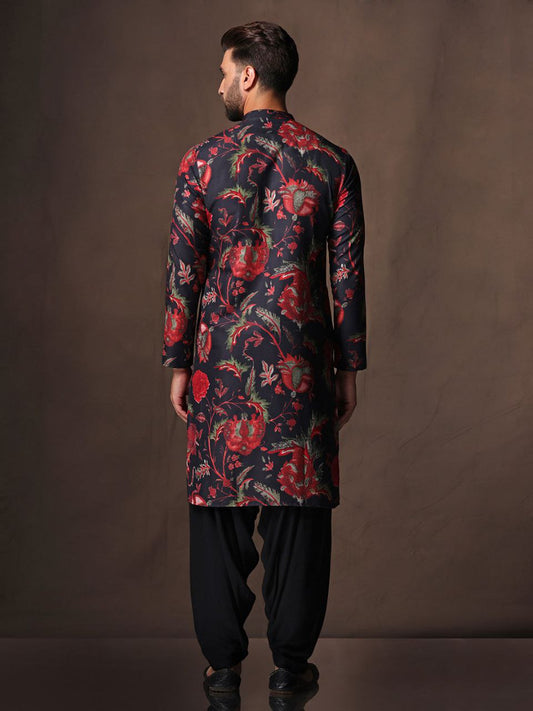 BLACK FLORAL PRINTED KURTA WITH PAJAMA SET FOR MEN