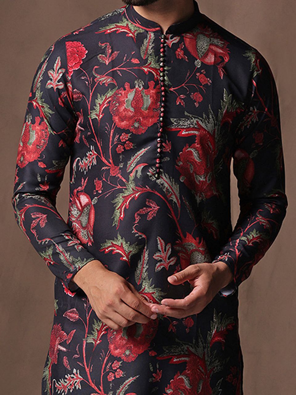 BLACK FLORAL PRINTED KURTA WITH PAJAMA SET FOR MEN
