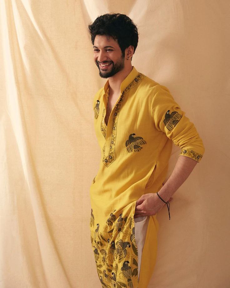 MUSTARD PARROT DAMAN WORK KURTA PAJAMA SET FOR MENS