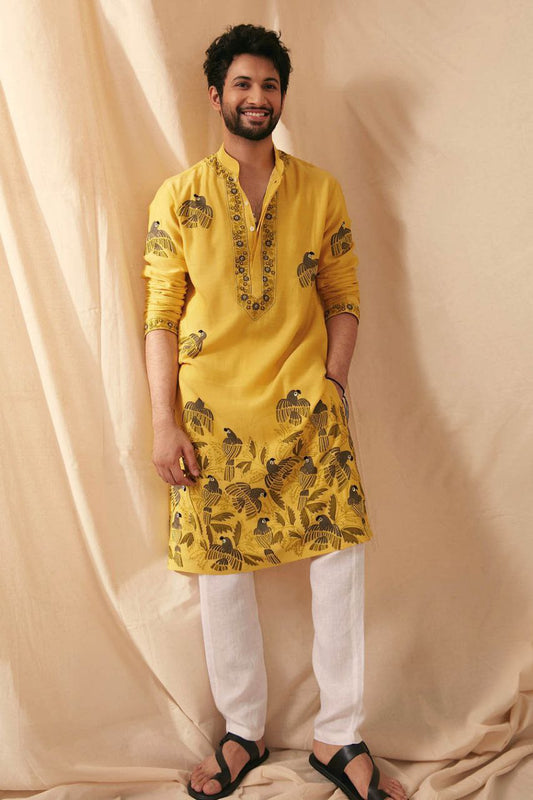 MUSTARD PARROT DAMAN WORK KURTA PAJAMA SET FOR MENS