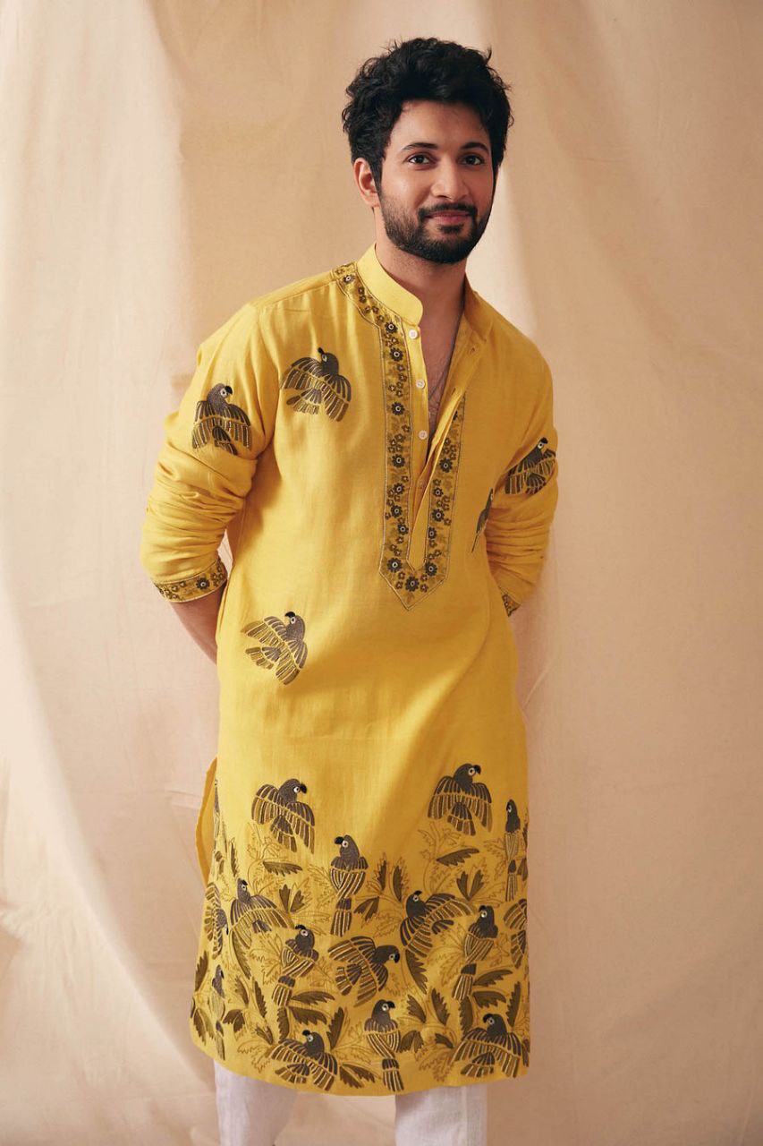 MUSTARD PARROT DAMAN WORK KURTA PAJAMA SET FOR MENS