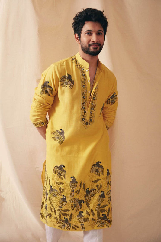 MUSTARD PARROT DAMAN WORK KURTA PAJAMA SET FOR MENS