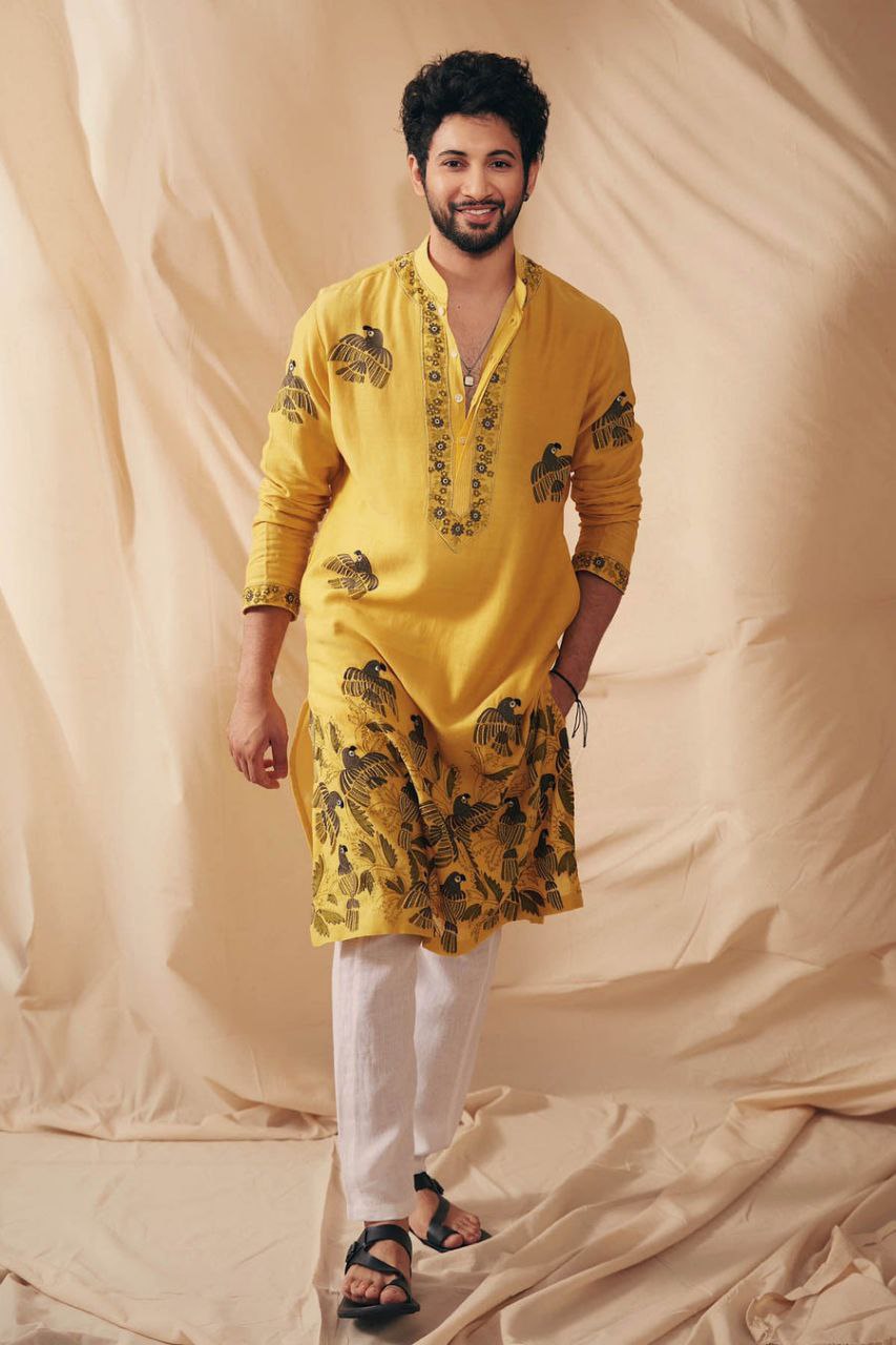 MUSTARD PARROT DAMAN WORK KURTA PAJAMA SET FOR MENS