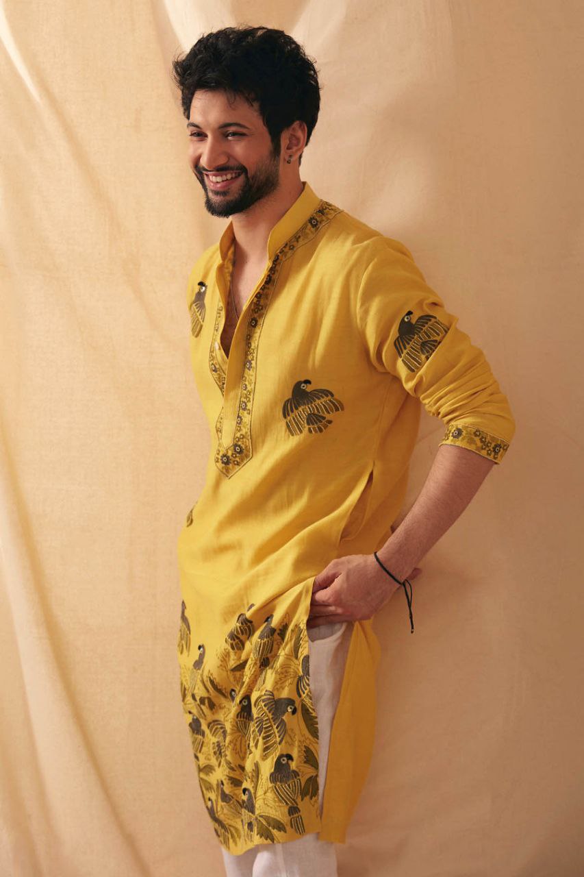 MUSTARD PARROT DAMAN WORK KURTA PAJAMA SET FOR MENS