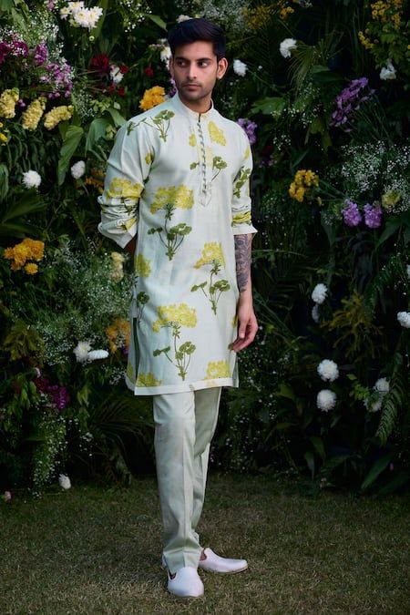 MIST GREEN FLORAL BLOCK PRINTED KURTA PAJAMA SET FOR MENS
