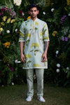 MIST GREEN FLORAL BLOCK PRINTED KURTA PAJAMA SET FOR MENS