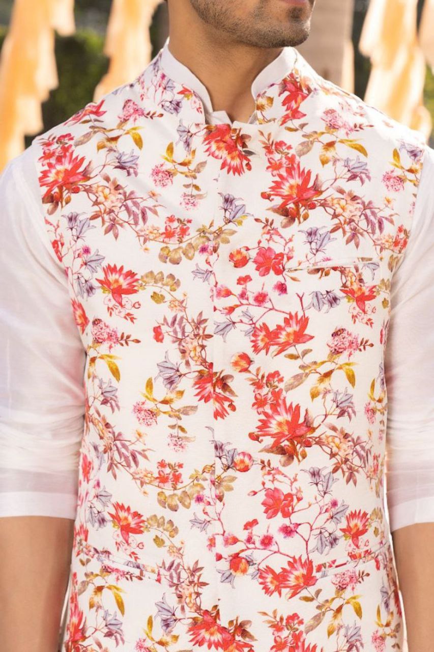 OFF WHITE MODEL SATIN PRINTED BOTANICAL BUNDI KURTA SET