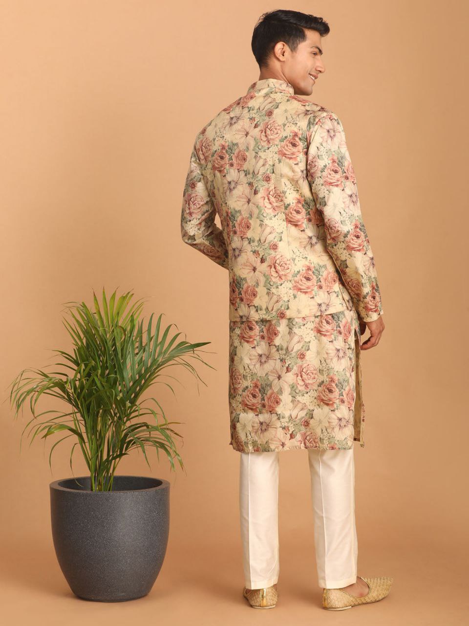 BEIGE COLOR REGULAR FIT FLORAL PRINT KURTA & PANTS WITH NEHRU JACKET