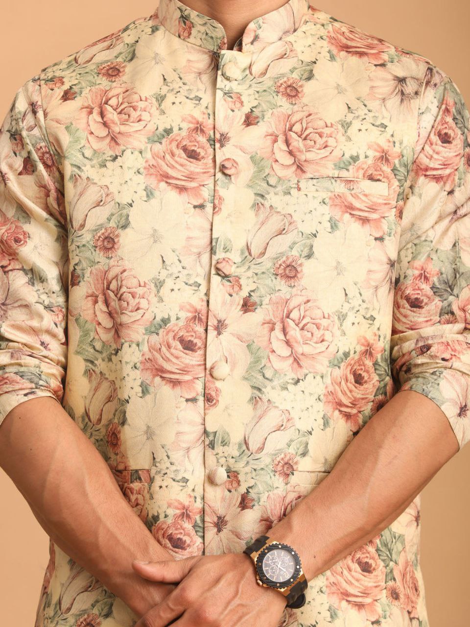 BEIGE COLOR REGULAR FIT FLORAL PRINT KURTA & PANTS WITH NEHRU JACKET