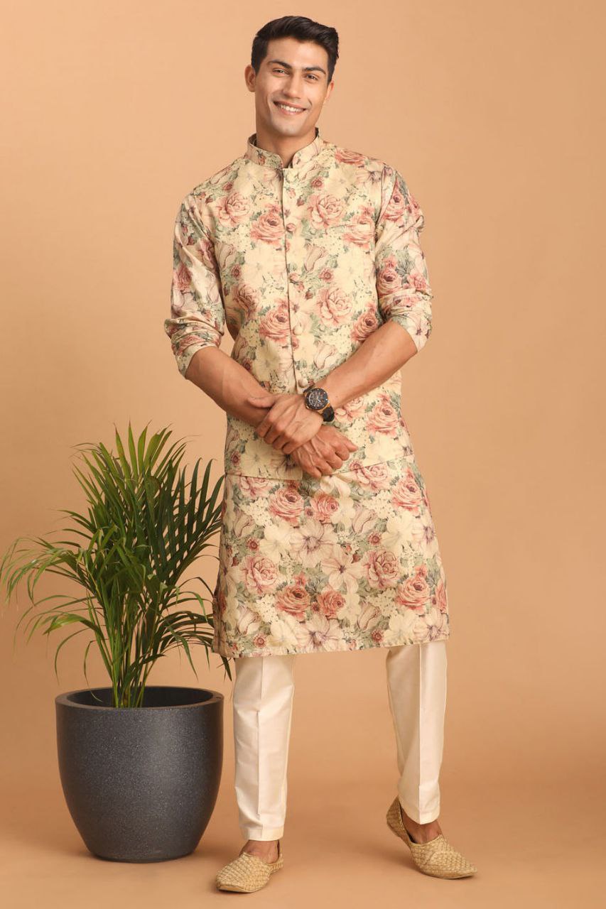 BEIGE COLOR REGULAR FIT FLORAL PRINT KURTA & PANTS WITH NEHRU JACKET