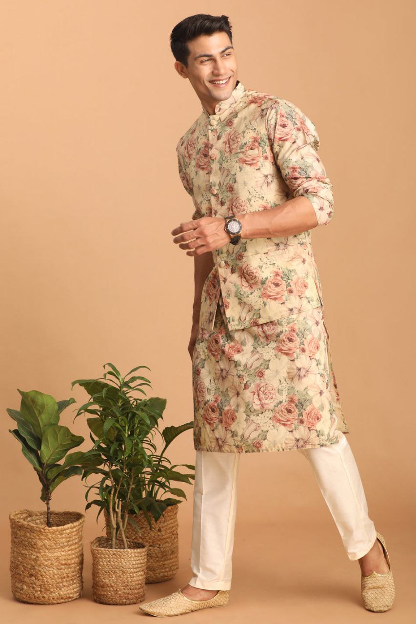 BEIGE COLOR REGULAR FIT FLORAL PRINT KURTA & PANTS WITH NEHRU JACKET