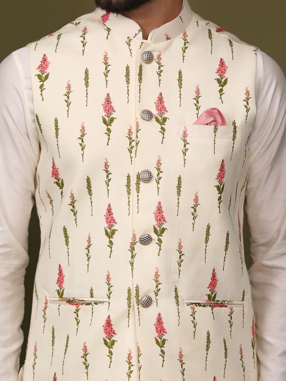 WHITE KURTA JACKIET PRINTED BOTANICAL BUNDI KURTA SET