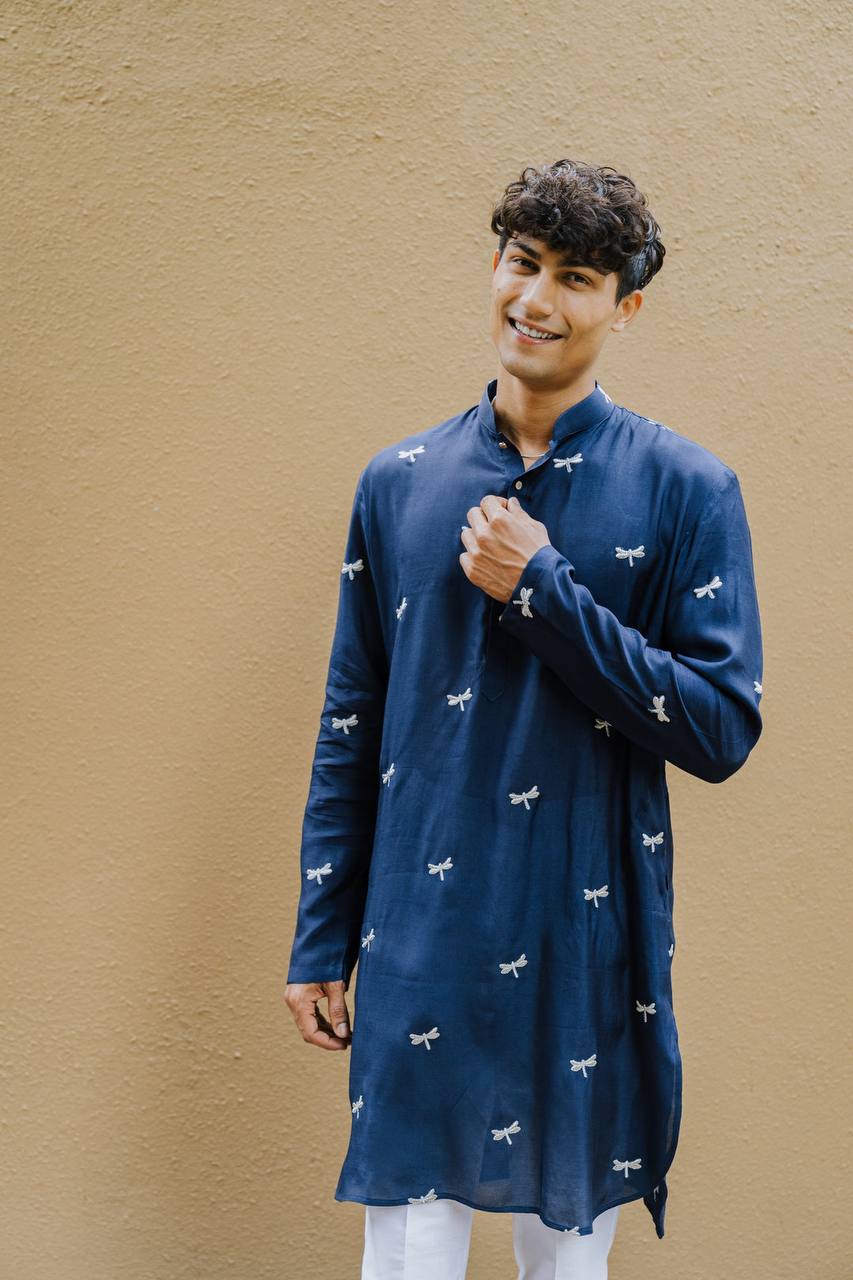 NAVY BLUE DRAGON  FLY EMBROIDERY WORK KURTA WITH PAJAMA SET FOR MENS