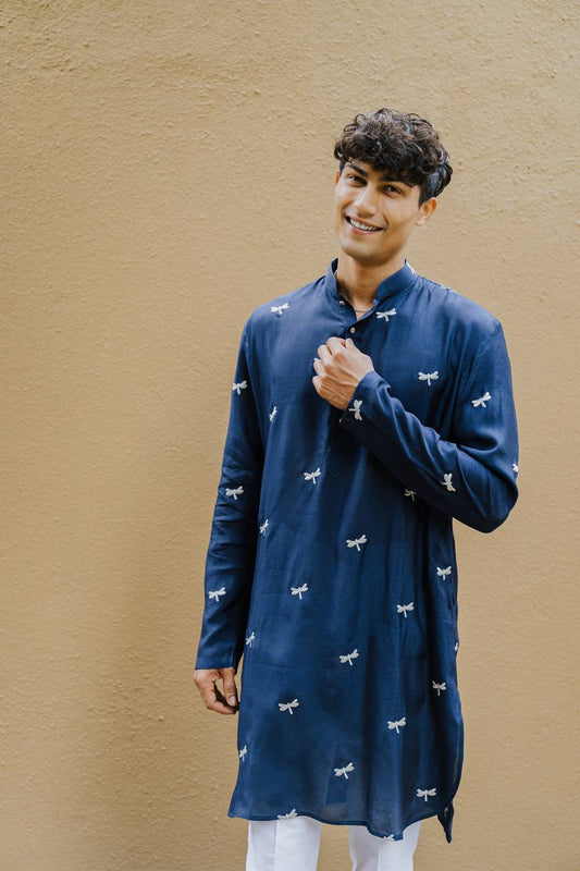 NAVY BLUE DRAGON  FLY EMBROIDERY WORK KURTA WITH PAJAMA SET FOR MENS