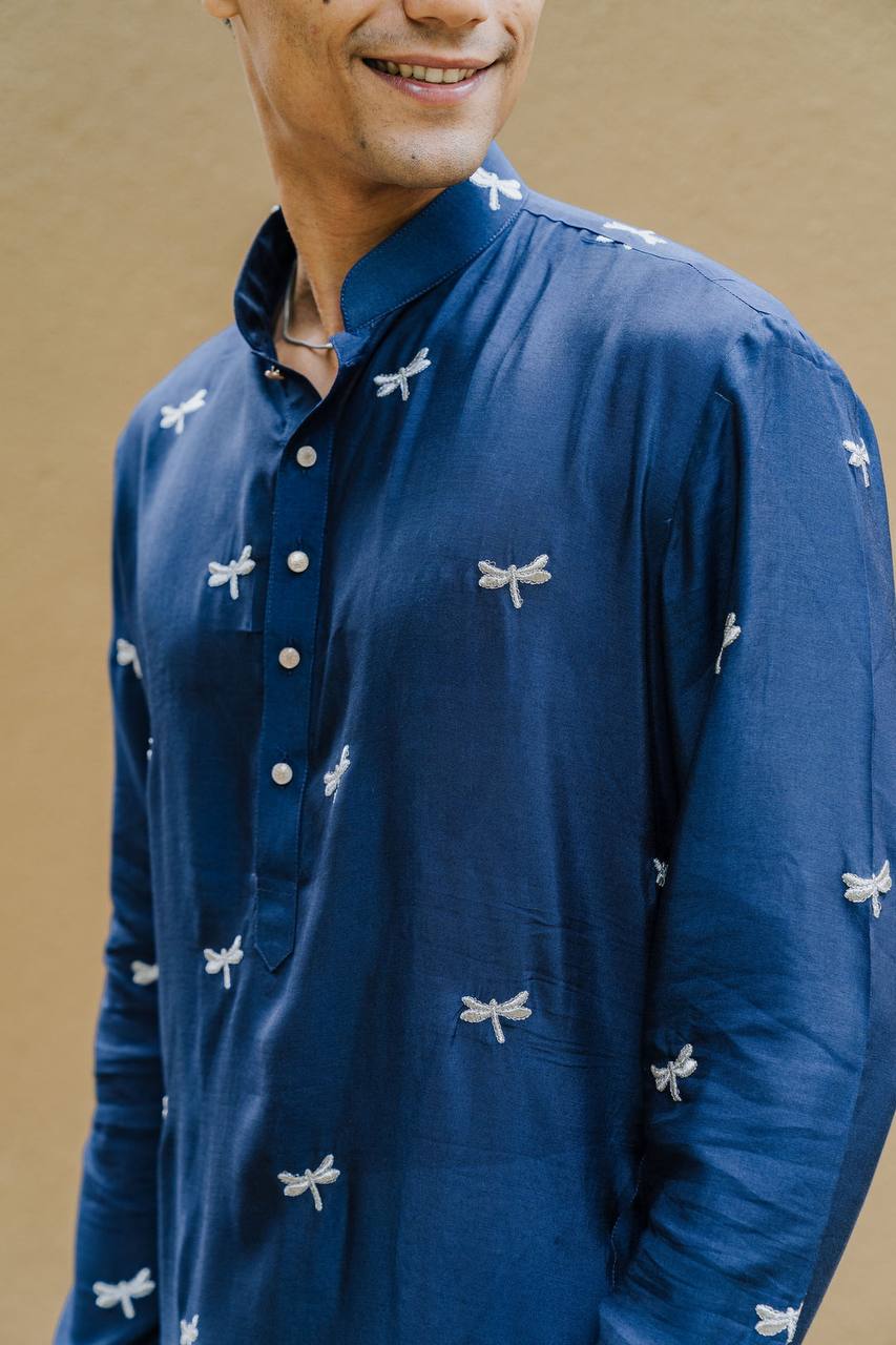 NAVY BLUE DRAGON  FLY EMBROIDERY WORK KURTA WITH PAJAMA SET FOR MENS