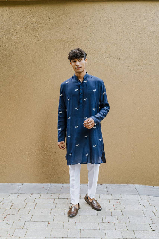 NAVY BLUE DRAGON  FLY EMBROIDERY WORK KURTA WITH PAJAMA SET FOR MENS