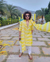 YELLOW &  WHITE  PRINTED  WORK KURTA, PAJAMA AND DUPATTA SET FOR MEN'S