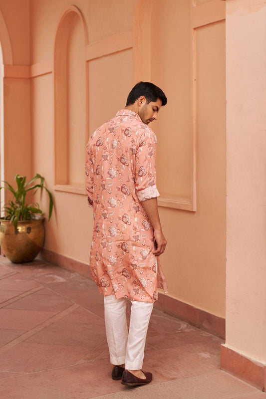 CREPE PRINT GARDENIA BLOOM COLLARED KURTA PAJAMA SET FOR MEN'S