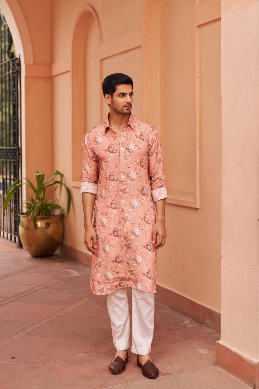 CREPE PRINT GARDENIA BLOOM COLLARED KURTA PAJAMA SET FOR MEN'S