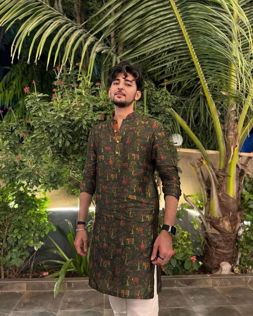 OLIVE GREEN  PRINTED KURTA PAJAMA SET