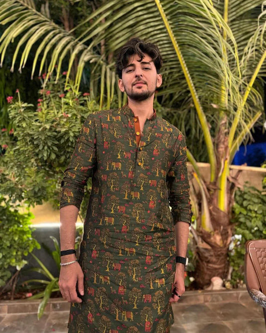 OLIVE GREEN  PRINTED KURTA PAJAMA SET