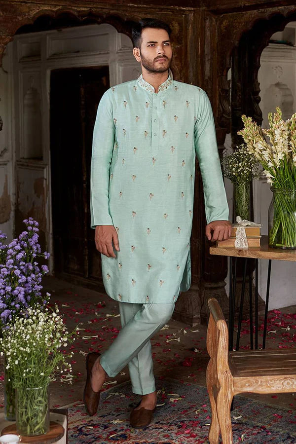 BABY BLUE FLORAL MOTIF SWQUIN-ZARI WORK KURTA WITH PANT