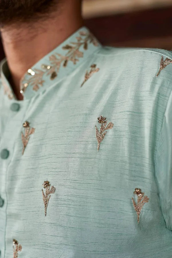 BABY BLUE FLORAL MOTIF SWQUIN-ZARI WORK KURTA WITH PANT