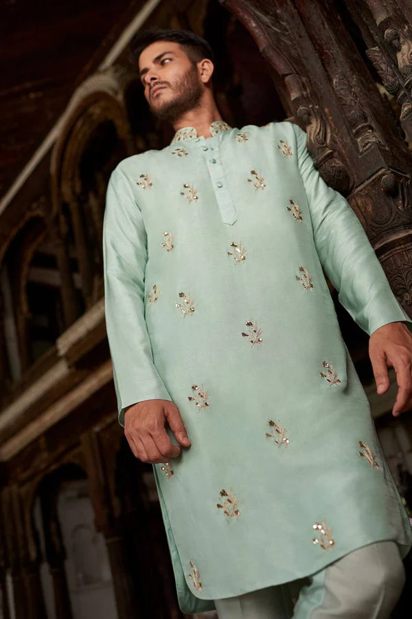 BABY BLUE FLORAL MOTIF SWQUIN-ZARI WORK KURTA WITH PANT
