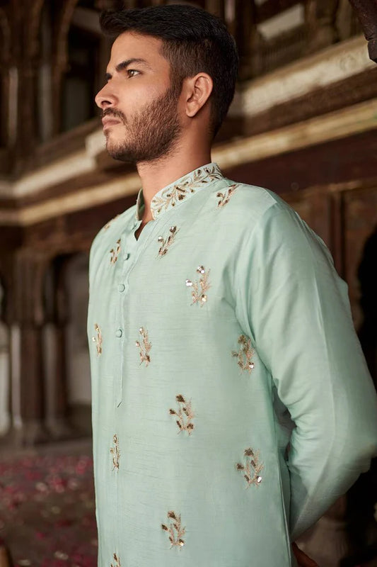 BABY BLUE FLORAL MOTIF SWQUIN-ZARI WORK KURTA WITH PANT