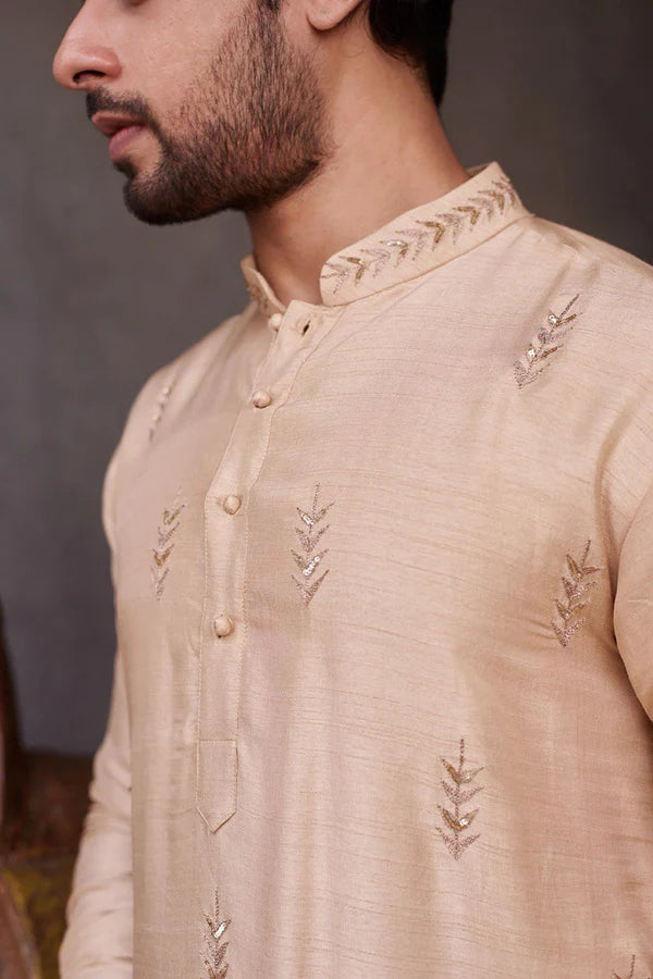 GOLD  LEAF DAMAN SEQUENCE EMBROIDERED WORK KURTA PAJAMA SET