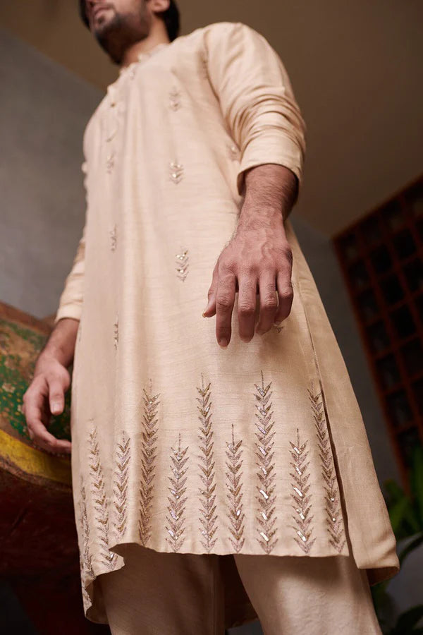 GOLD  LEAF DAMAN SEQUENCE EMBROIDERED WORK KURTA PAJAMA SET