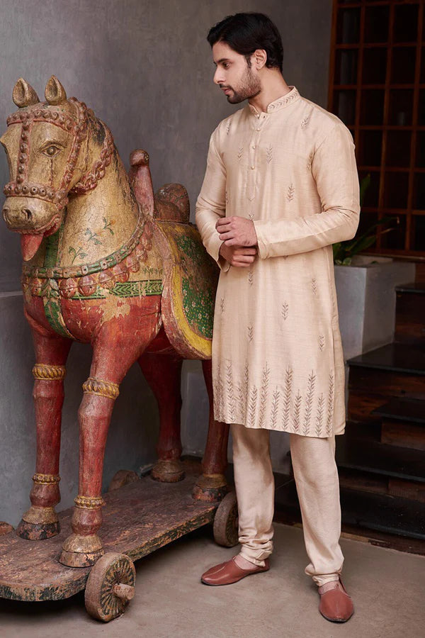 GOLD  LEAF DAMAN SEQUENCE EMBROIDERED WORK KURTA PAJAMA SET