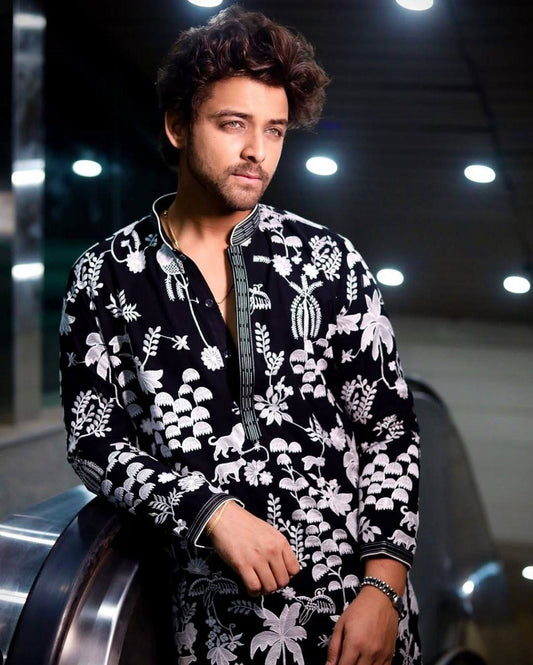 FLORAL EMBROIDERED WORK KURTA PAJAMA SET FOT MEN'S