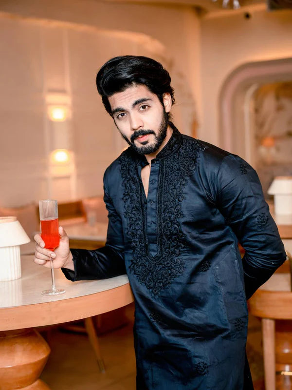BLACK NECK EMBROIDERD MENS KURTA SET