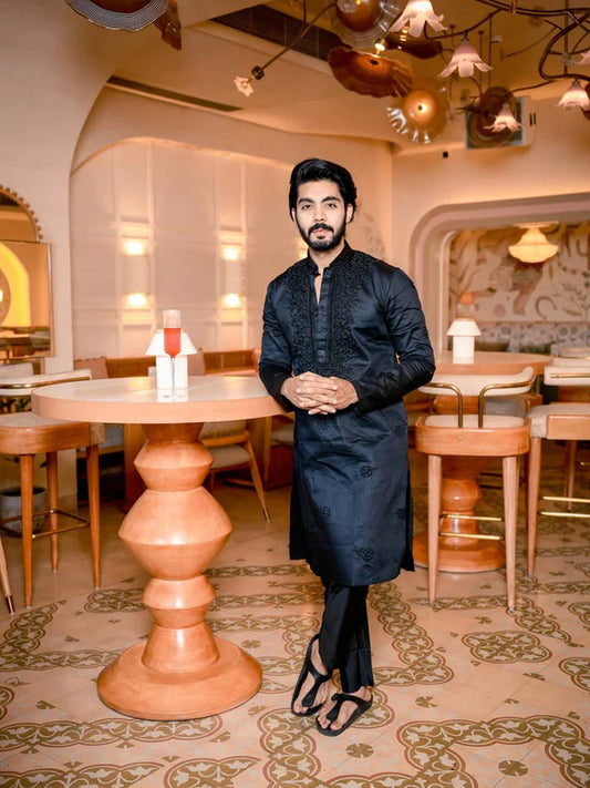 BLACK NECK EMBROIDERD MENS KURTA SET