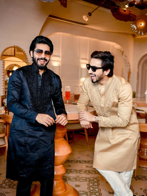 BLACK NECK EMBROIDERD MENS KURTA SET