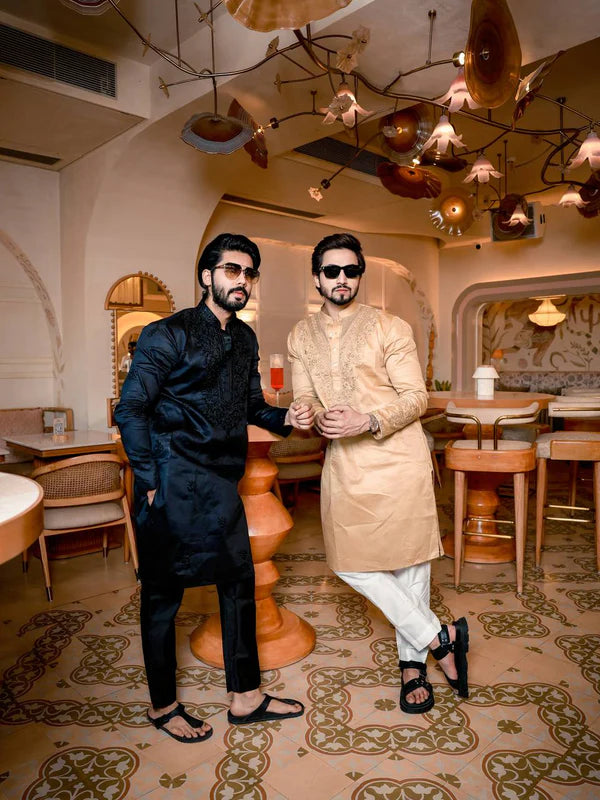BLACK NECK EMBROIDERD MENS KURTA SET