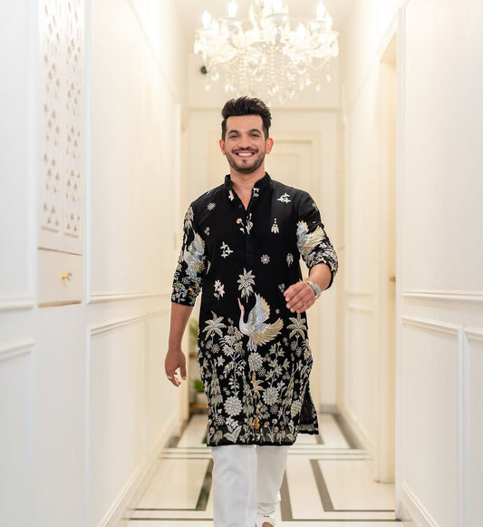 BLACK EMBROIDERED  DAMAN WORK KURTA PAJAMA SET FOR MEN'S