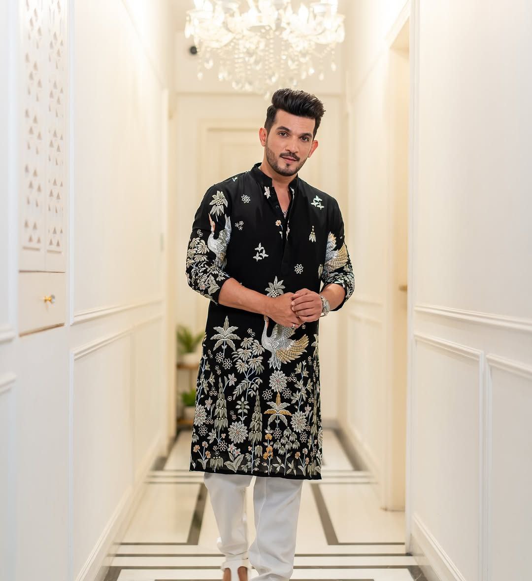 BLACK EMBROIDERED  DAMAN WORK KURTA PAJAMA SET FOR MEN'S