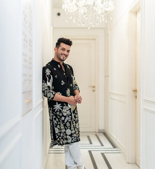 BLACK EMBROIDERED  DAMAN WORK KURTA PAJAMA SET FOR MEN'S