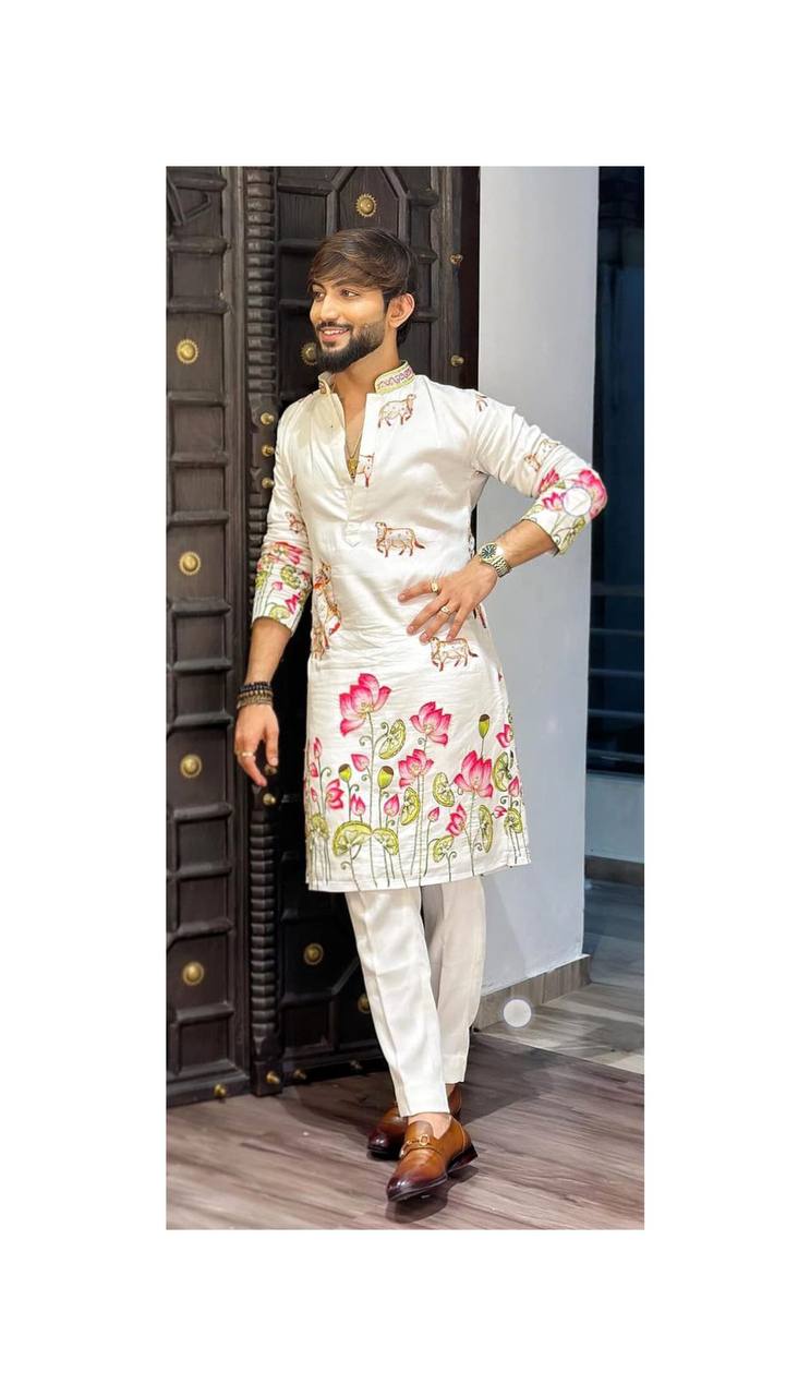 WHITE COW WITH LOTUS PRINTED KURTA SET